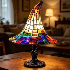 Stained Glass Witch Hat Lamp USB Halloween Gothic Table Night Light Home Decor