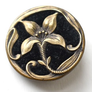 Antique Art Nouveau Perfume Button Brass Flower over Black Velvet 7/8”