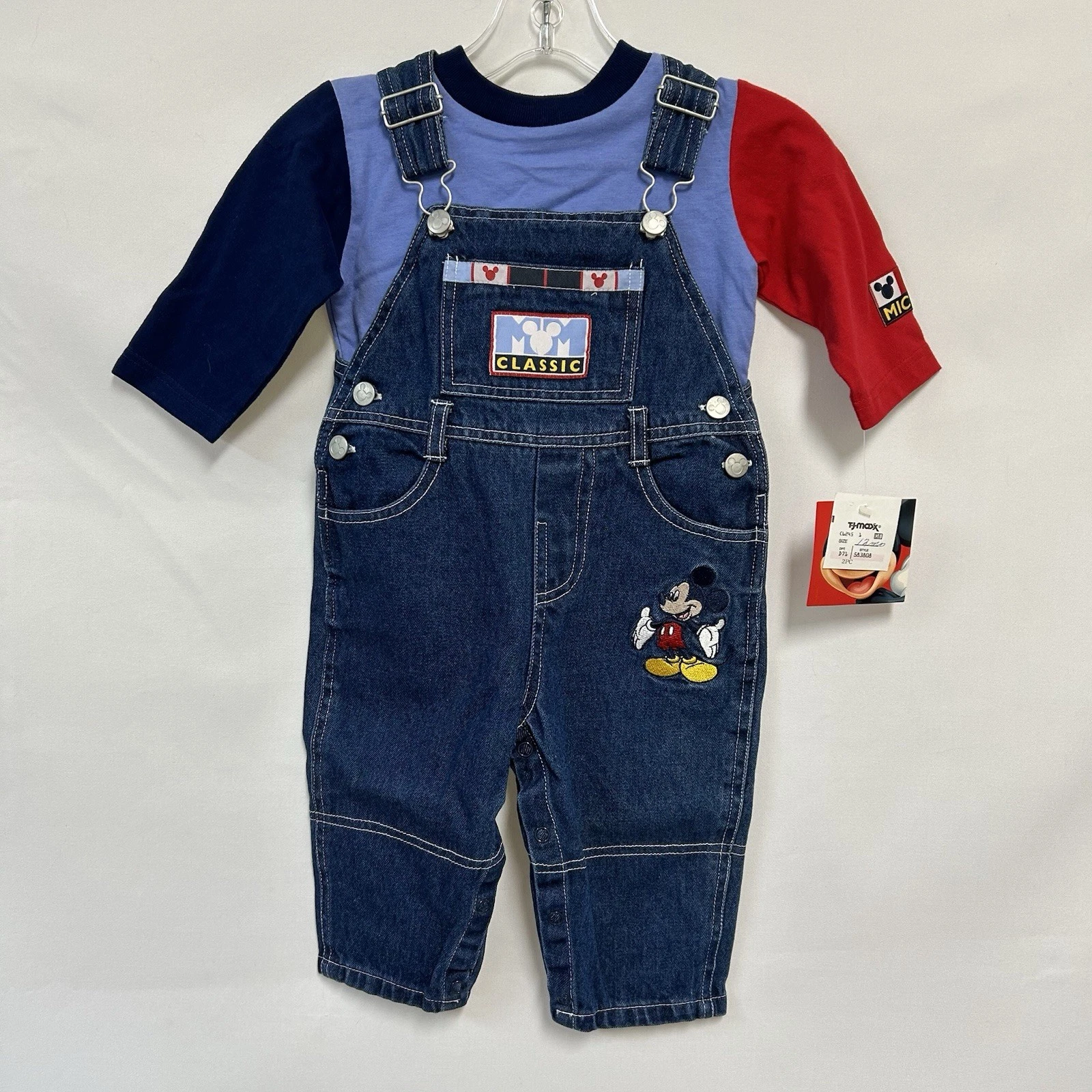 Vintage Disney Baby Mickey Mouse 12M Overalls 2 Pc Set Classic Denim Embroidered