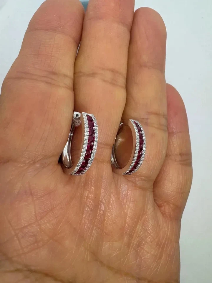 1Ct Round Cut Lab-Created Ruby Women Huggie Hoop Earrings 14K White Gold Plated - Image 3 of 4