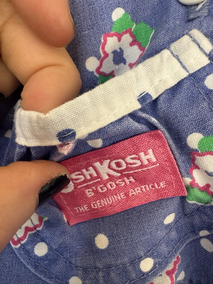 Vtg 80s OshKosh 18M Blue Floral Polka Dot Shortalls USA Ladybug tag - Image 2 of 4