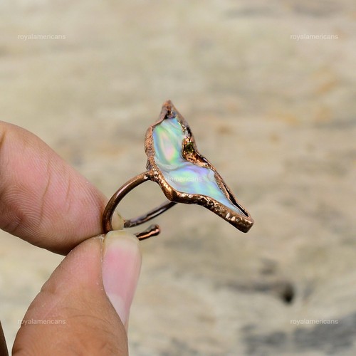 Round Natural Abalone Shell Wife Electroformed Stackable Ring Jewelry Copper - Picture 6 of 7