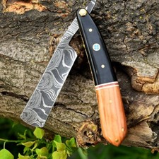Damascus Steel Straight Razor Cut Throat Barber Shaving Razor Bone and Wood