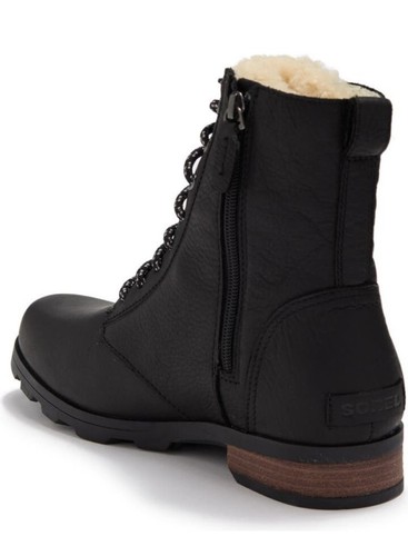 Sorel Emelie Genuine Shearling Short Lace Cozy Black Leather Boots Women's 9 - Picture 2 of 11