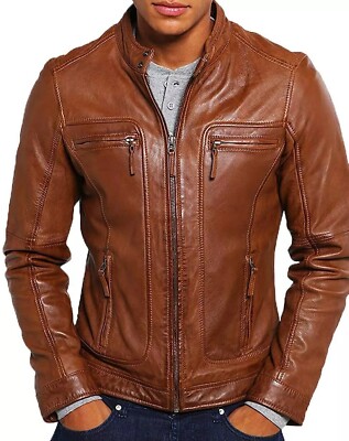 Men's Tan Brown Genuine Lambskin Leather Jacket Handmade Biker Motorcycle Jacket