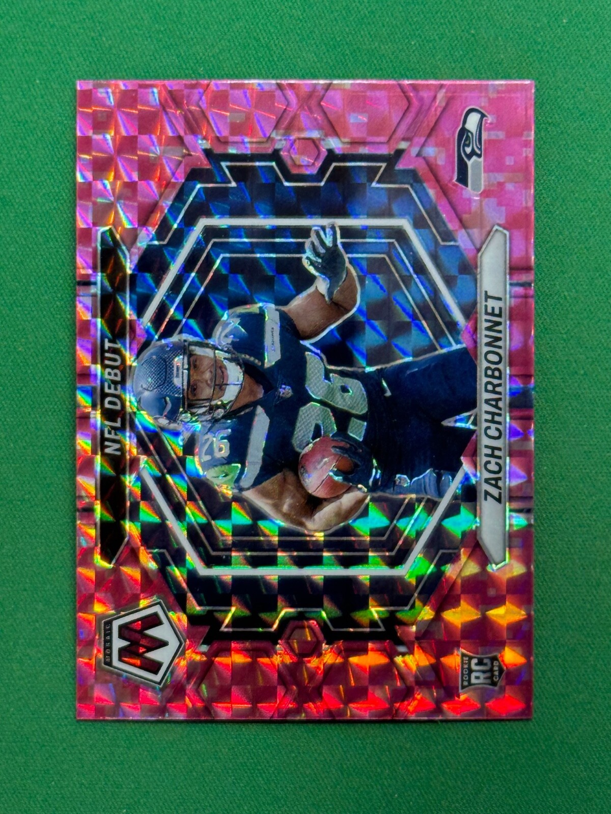 2023 Panini Mosaic Football #ND-11 Zach Charbonnet RC NFL Debut Camo Pink Mosaic