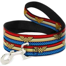 Buckle-Down Dog Leash - Wonder Woman Stripe/Stars Red/Gold/Blue 4?Foot