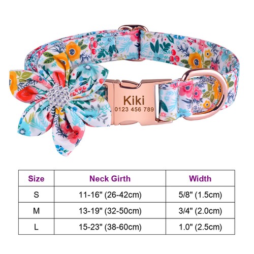 Flower Personalised Girl Dog Collar Engraved Puppy Name ID Tag Quick Release - Picture 3 of 22