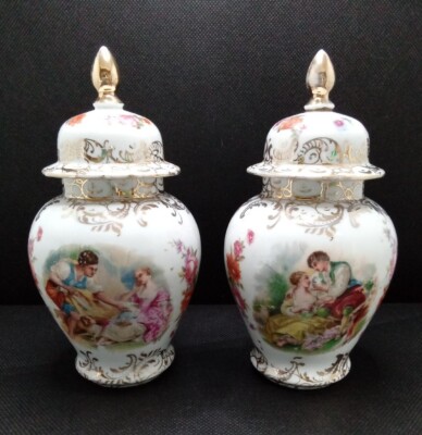 2 Antique Meissen Style Shierholz & Sohn Vase Jars Are Marked. 1 Lid Repair 