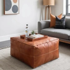 Handmade Large Rectangular Leather Pouf, Brown Footstool, Bohemian Living Room