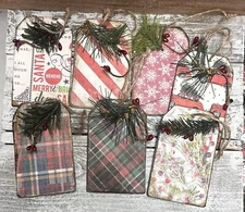 7 Primitive Wooden Wood Christmas Ornaments Ornies Hang Tags Gift Tree Present