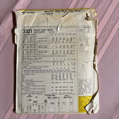 Vintage 1970’s McCall's 3321 Ladies Skirt Vest Pants Sewing Pattern Size 18 - Picture 2 of 2