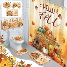 Tranqun Hello Fall Shower Curtain Set 8Pcs Autumn Pumpkin Sunflower Bath Deco...