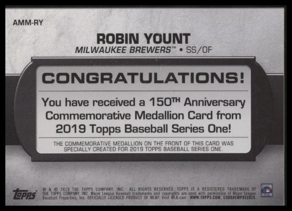 2019 Topps #AMM-RY Robin Yount 150th Anniversary Medallions (Series One) - Image 2 of 2