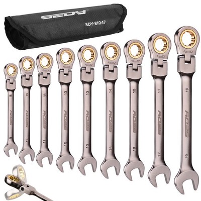 9PC Flexible Ratchet Spanner Wrench Set Metric 8-19mm With Storage Rack