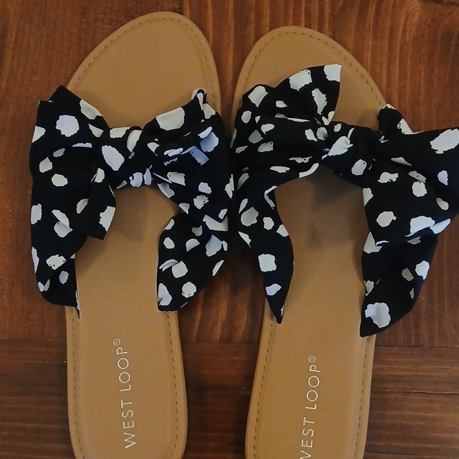 West Loop Women’s Slide Sandals Black/White Polka Dot Bow Slip-On US 9/10