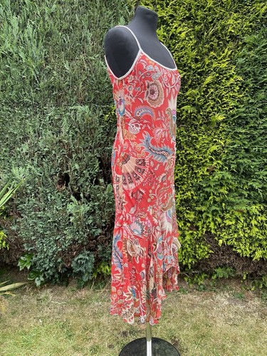 Malvin Soft Red Silk Asymmetric Hem Long Summer Dress Beaded Rhinestones 40 UK12 - Picture 2 of 14