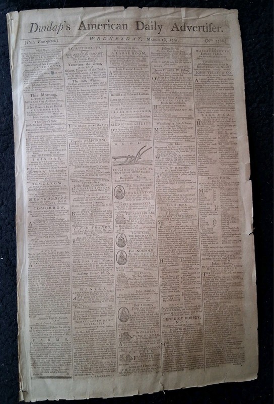 DUNLAP'S DAILY ADVERTISER AD FOR PRESIDENT SERVANT APPLY AT WHITE HOUSE 1791 !