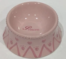 Two Pink Princess Dog Or Cat Dish Bowls 6" Ceramic, Crown Paws Hearts Design