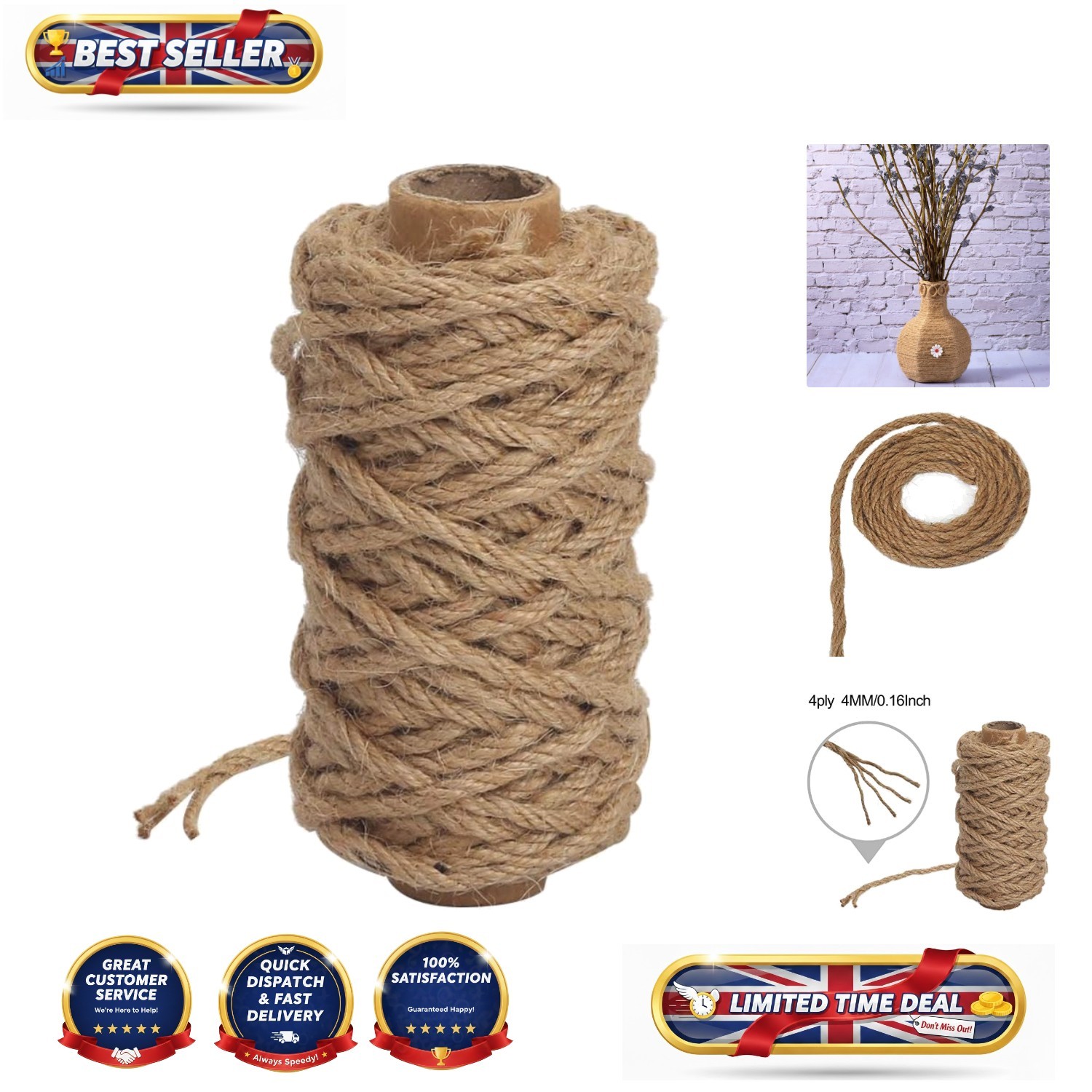 66ft Durable 4mm Natural Jute Twine - Versatile String for Crafting & Gardening