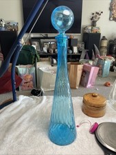 Vtg Empoli 16.5 Blue TurquoiseOptic Glass Genie Bottle Decanter  Stopper Italy