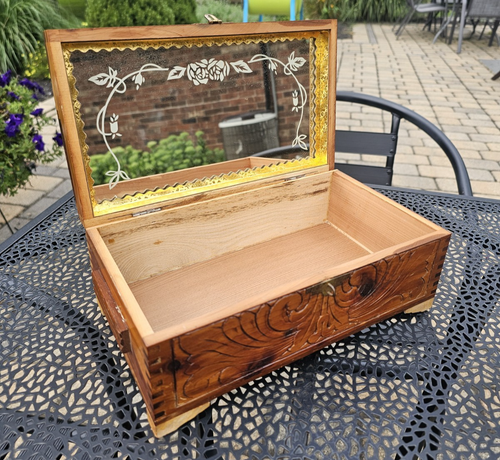 Vintage Cedar Carved Jewelry Trinket Keepsake Box w/Mirror MCM Cabin Country - Picture 2 of 19