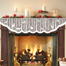 White Christmas Fireplace Mantel Cover – Lace Reindeer Snowflake Mantle Scarf Ga