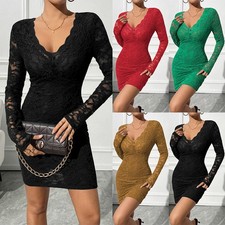 Sexy Womens V Neck Stretchy Long Sleeve Dress Lace Mini Party Bodycon Dresses UK