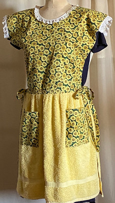 Vintage Kitchen Pinafore Apron Handmade Cotton Daisy Print & Terry Yellow O/S px