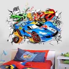 Large 3d Racing Car Wall Stickers Vehicles Break Through Peel And Stick Wall ...
