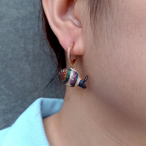 14x23mm Rainbow Cubic Zirconia Pave Fish Shape Earrings For Women Drop Earrings - Picture 6 of 6