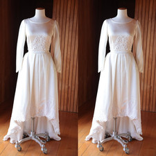 Victorian Long Sleeves Wedding Dresses Satin Lace Elegant Hi-Lo Bridal Gowns
