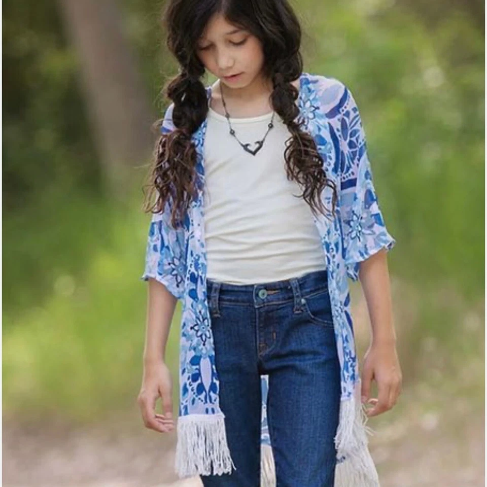 Kimono Persnickety Sabrina franja azul/branco para meninas tamanho 4T - Imagem 3 de 4