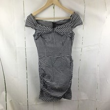 Zara Basic Black White Check Off Shoulder Tulip Hem Stretch Mini Dress Sz. S