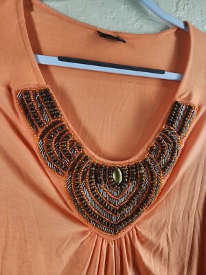 Vintage Faded Glory Womens Beaded Blouse V Neck Salmon Top Size 2X