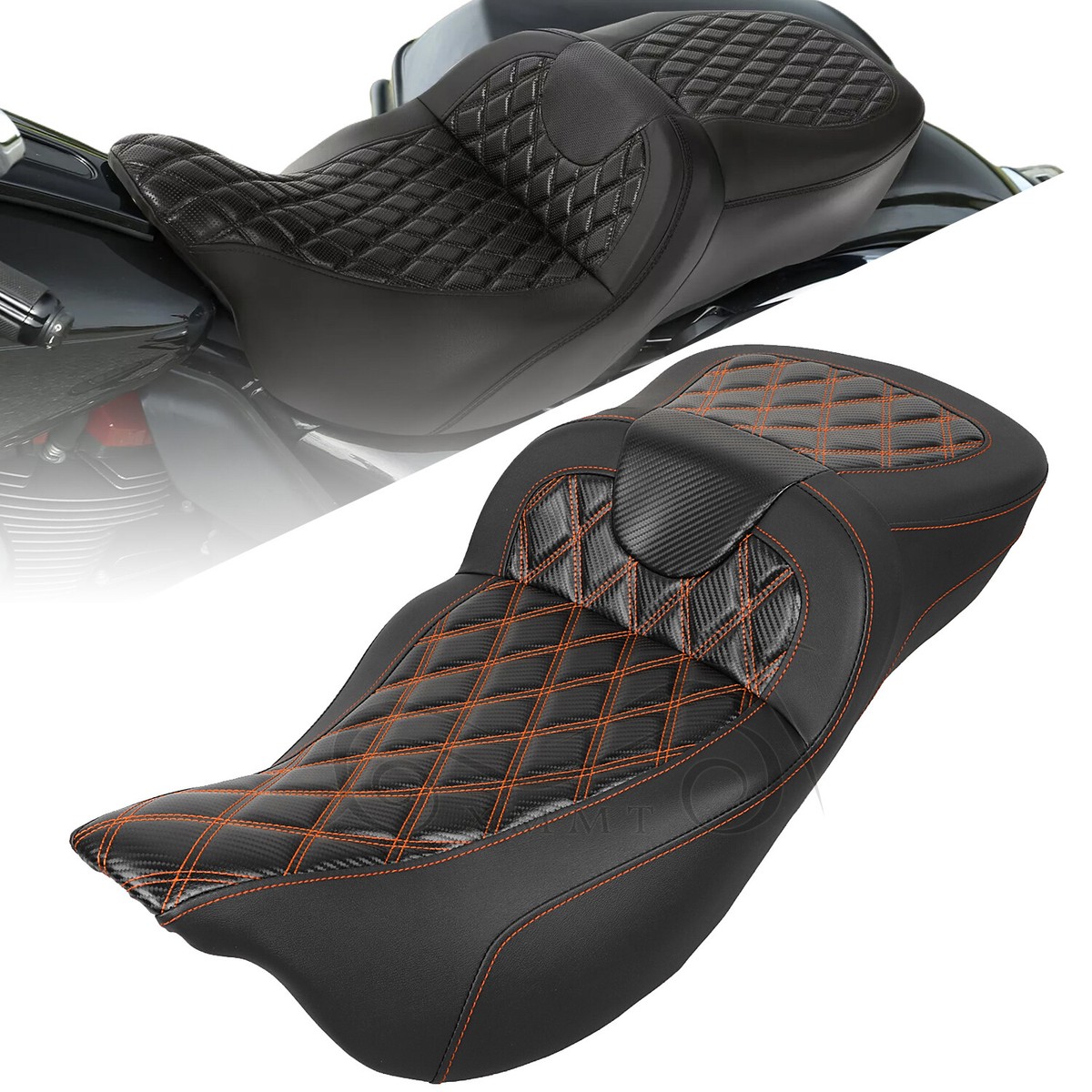 Orange Lattice Stitch Driver Passenger Seat For Harley Touring