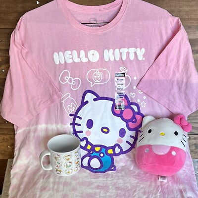 Sanrio Hello Kitty Gift Lot Of 3 Collectibles T Shirt Mug And Squishmallow READ