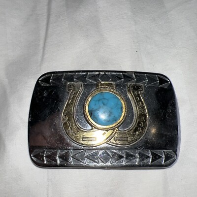 Vintage  Wester Cowboy Style Belt Buckle Double Horseshoe Turquoise Silver  Gold