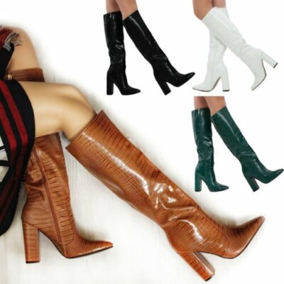 Stiefel Frau Schuhe A Spitze Coccodrillo Up Knie Absätze Hoch Toocool X8062