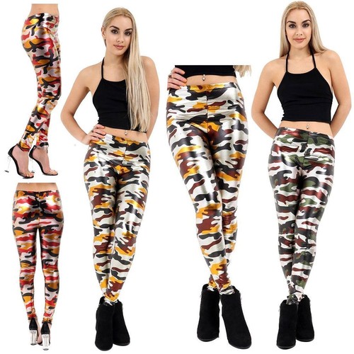 Donna Camouflage skinny metallici Esercito Rilucente Leggings Pantaloni  Elastico Palestra Sport | eBay