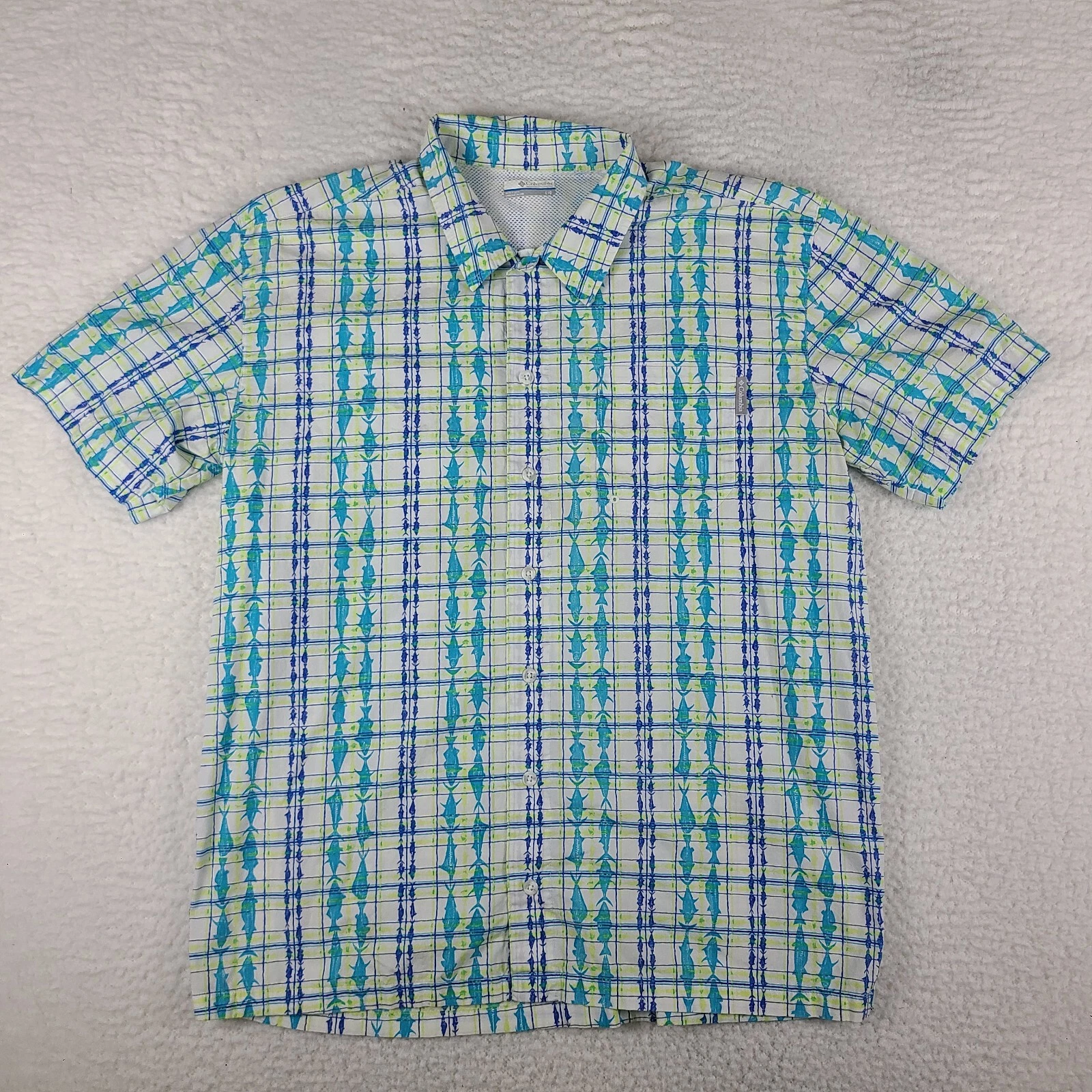 Columbia Shirt Mens Large Blue Yellow Fish Pattern PFG Hiking Vented Button Up