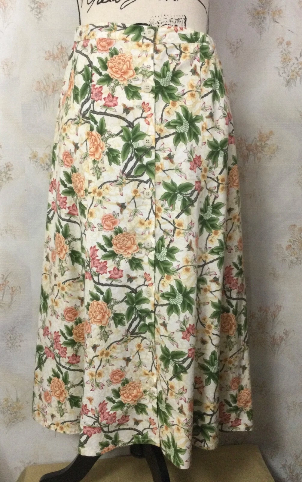 Handmade Adjustable 6 Tan Multicolor Floral/Butterfly Button Front Flared Skirt