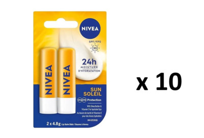NIVEA Sun Caring Lip Balm Sticks with SPF 30, Duo Pack (2 X 4.8 G) 10 pack