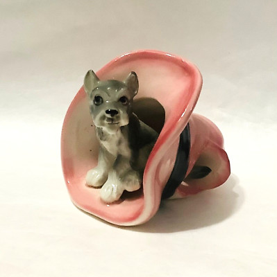 Schnauzer Pink Hat Vintage 1950 s Adorable Figure Miniature 2.25 in. Rare Find
