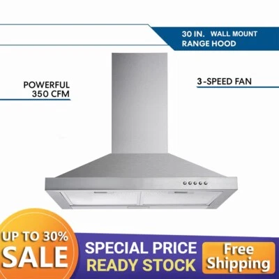 30 in Tieasy Wall Mount Range Hood Stainless Steel 350CFM Kitchen Vented LED New
