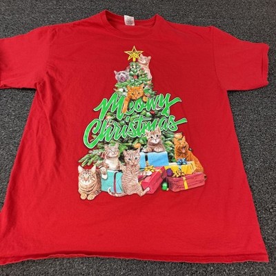 Meowy Christmas Shirt Mens Extra Large Red Cats Tree Graphic Funny Holiday Tee