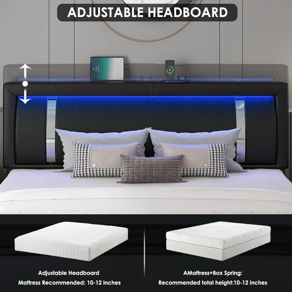Cama Keyluv King Size con luces LED RGB y cajones de almacenamiento. Foto 4 de 4