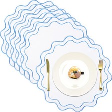 Set of 6 Cotton Linen Placemats 14 Inch Wavy Embroidery Round Placemats Washa...