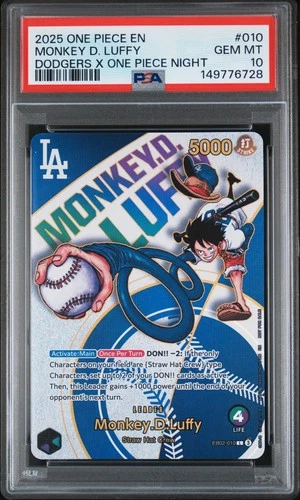 PSA 10 Monkey D. Luffy 010 One Piece Promos Dodgers X One Piece Night ONE PIECE