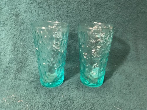Pair Of 2 Vintage Anchor Hocking Lido Milano Aqua Blue Crinkle 12 oz Tumblers